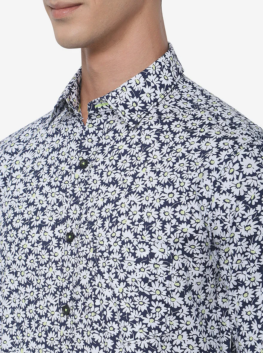 White & Blue Printed Slim Fit Semi Casual Shirt | JadeBlue