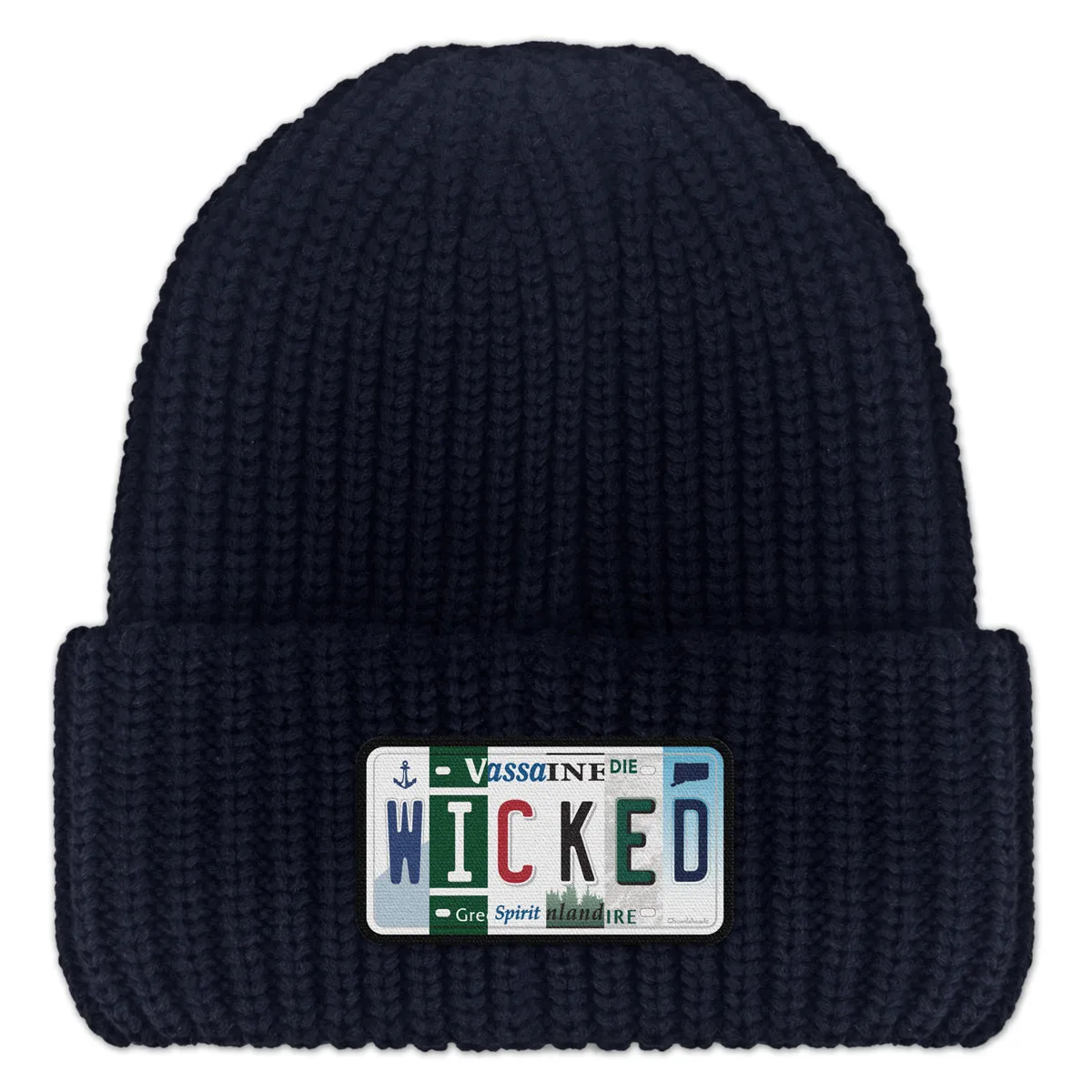 Wicked New England License Plate Leather Patch Chunky Knit