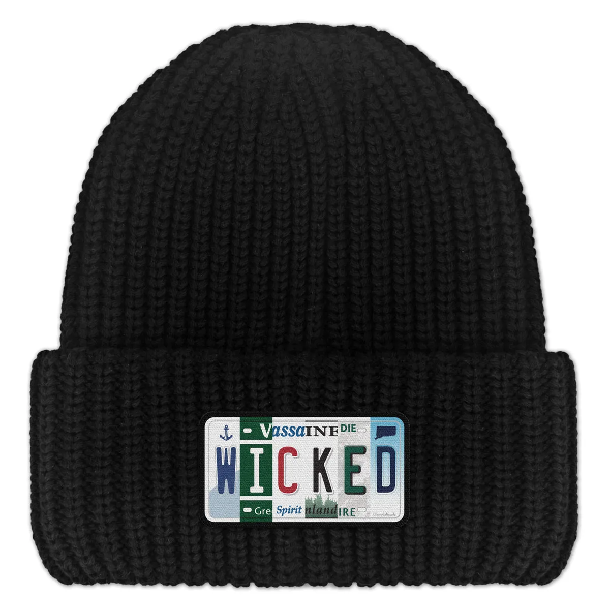 Wicked New England License Plate Leather Patch Chunky Knit