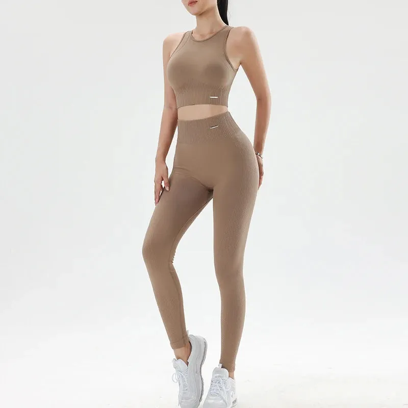 Women's 2-Piece Solid Color Yoga Suits – Wide Strap Sports Bra & Hip Lifting Shorts
