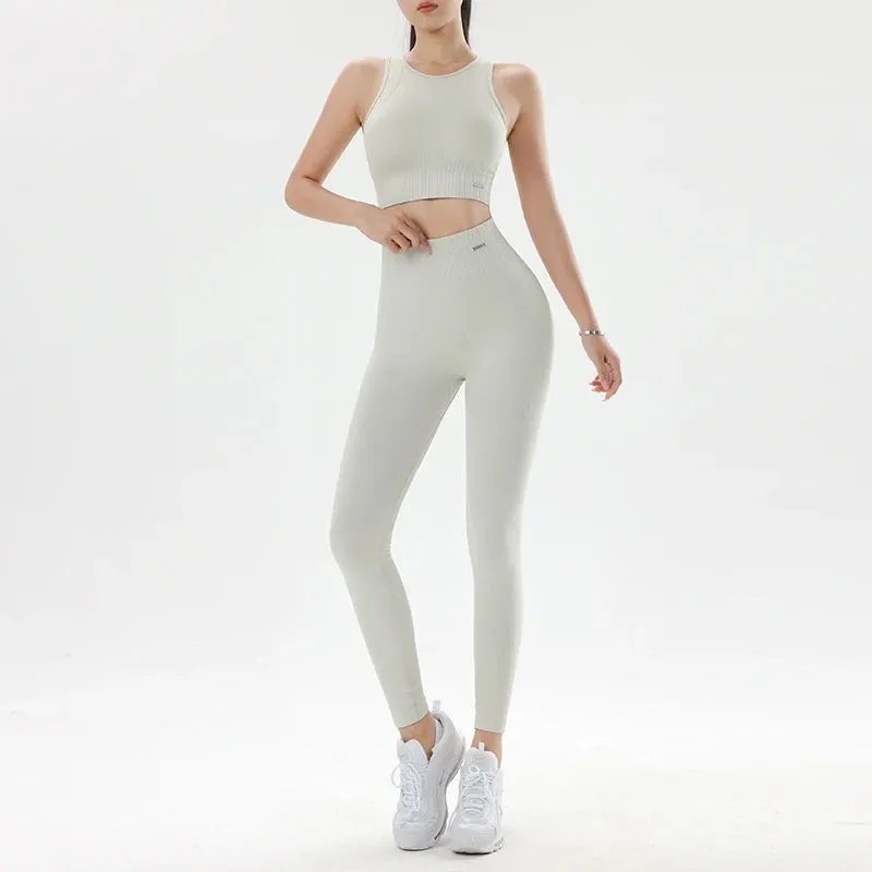 Women's 2-Piece Solid Color Yoga Suits – Wide Strap Sports Bra & Hip Lifting Shorts
