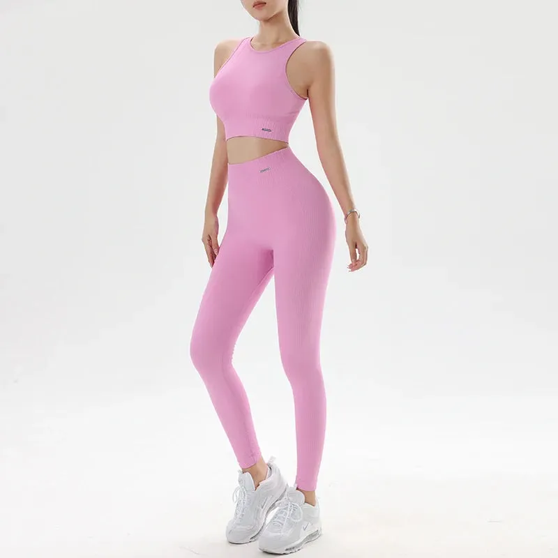 Women's 2-Piece Solid Color Yoga Suits – Wide Strap Sports Bra & Hip Lifting Shorts