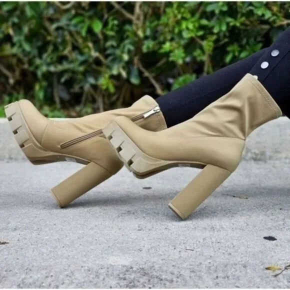 Women's Platform Ankle Chunky Heel Boots Taupe Color
