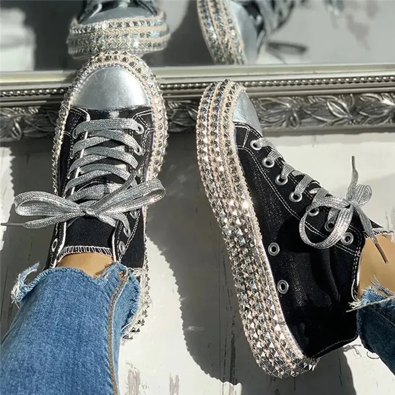 Women's Studded Leopard Print Canvas Shoes with Silver Laces