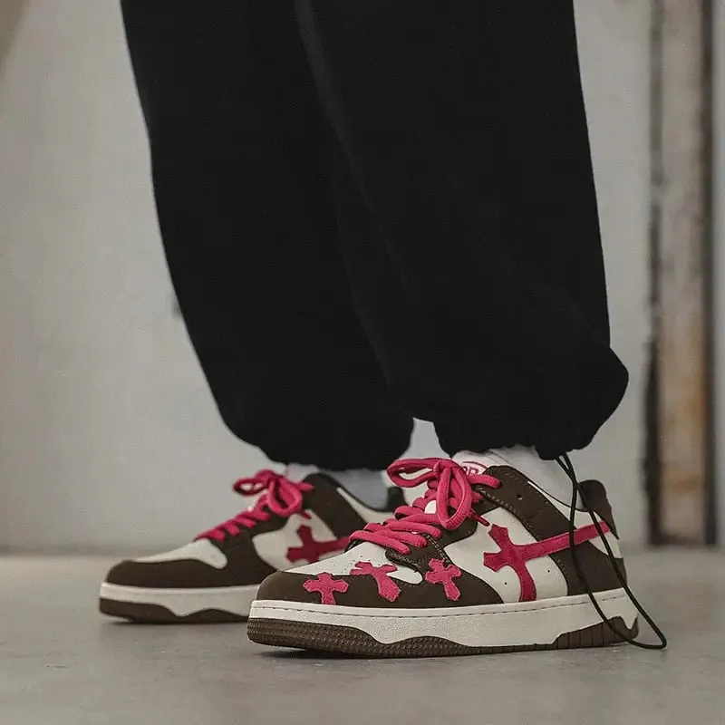 Y2K Red Cross Shoes with Stylish Mixed Color Pattern