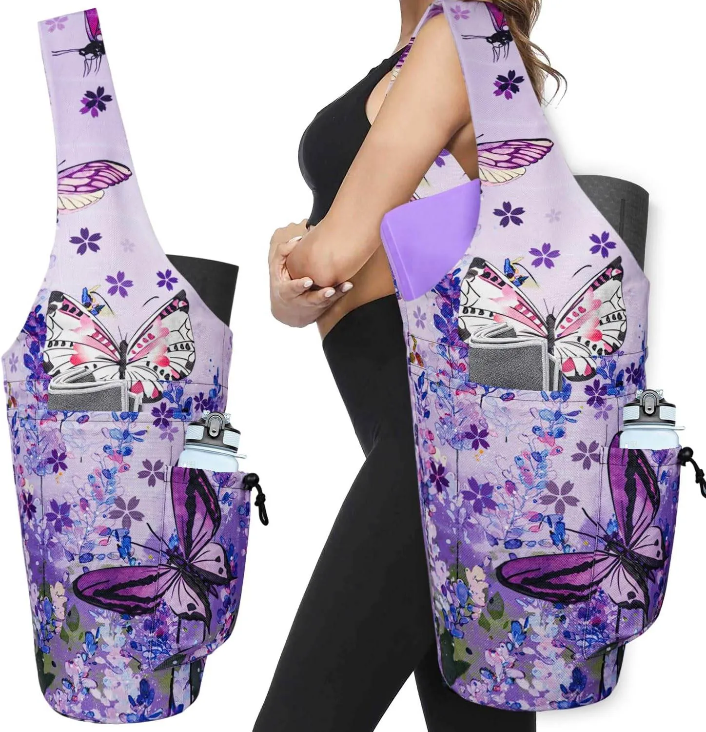 Yoga Mat Bag - Large Opening Long Tote Yoga Mat Carrier Holder Bag with Waterproof Wet Zipper Pocket and Drawstring Water Bottle Pocket - Yoga Bag Fit Most Size Mats