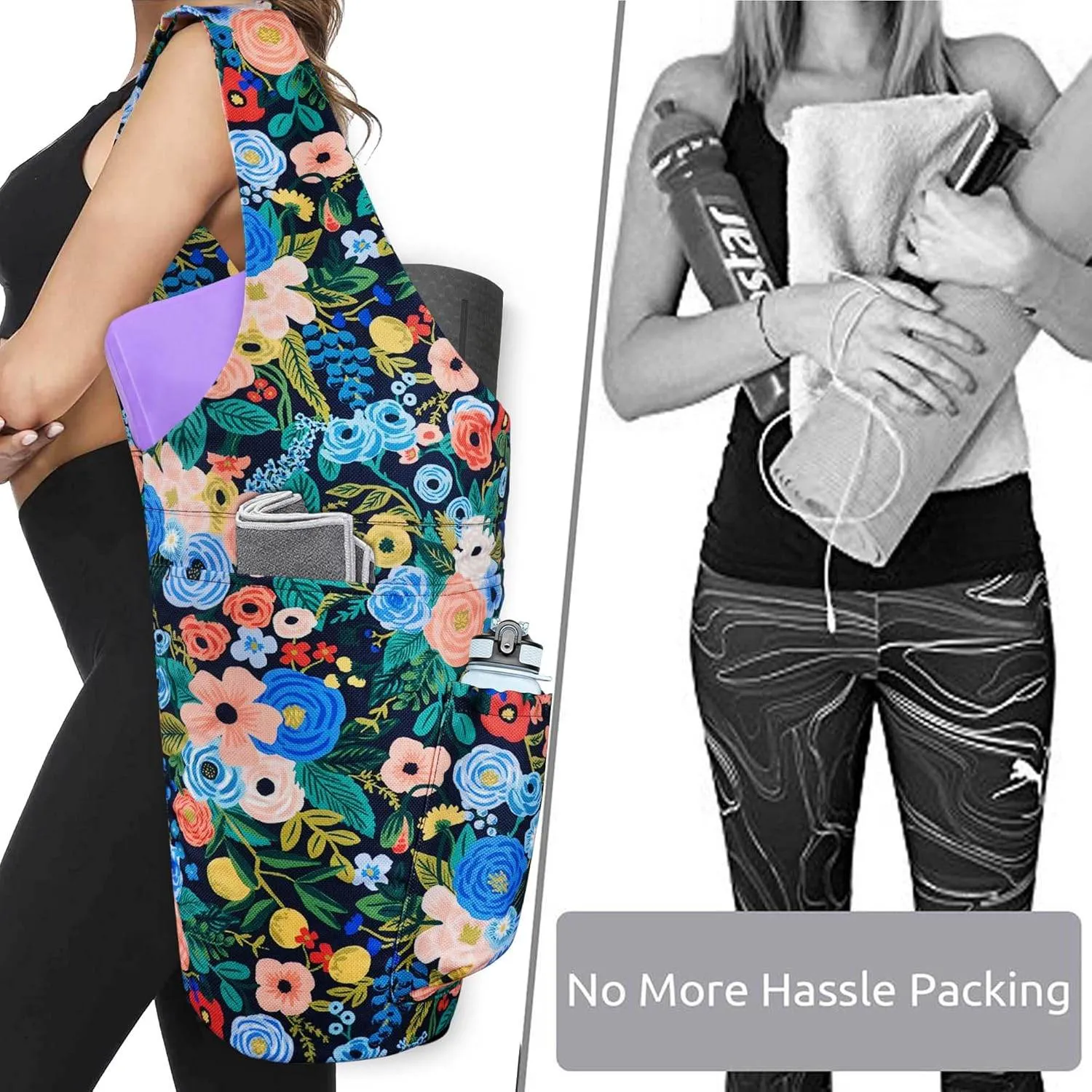 Yoga Mat Bag - Large Opening Long Tote Yoga Mat Carrier Holder Bag with Waterproof Wet Zipper Pocket and Drawstring Water Bottle Pocket - Yoga Bag Fit Most Size Mats